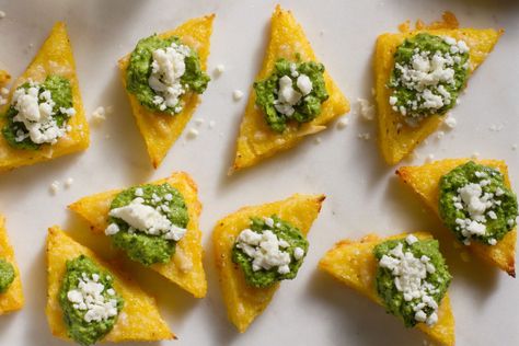 Broiled Polenta Bites with Green Harissa Recipe — Salt & Wind Travel Green Harissa, Polenta Bites, Crispy Polenta, Harissa Recipes, Broth Chicken, Vegetarian Appetizer, Feta Recipe, Italian Parsley, Lunch Catering