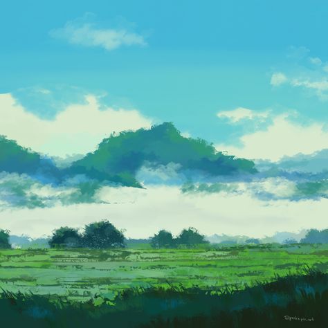 Moutain, rice, digital art, cloud, green, drawing, blue sky, grass Green Drawing, Drawing Blue, Sky Anime, Sky Landscape, Nature Summer, Pretty Landscapes, Nature Painting, Green Landscape, Landscape Nature