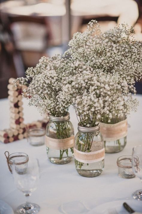 Southern California Rustic Wedding - Rustic Wedding Chic Amazing Wedding Centerpieces, Rustic Wedding Details, Wedding Centerpieces Mason Jars, Cheap Wedding Decorations, Rustic Wedding Decorations, Breath Flowers, Country Wedding Decorations, Rustic Wedding Table, Mason Jar Wedding