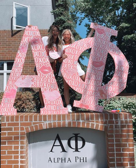 Giant Sorority Letters Painted, Alpha Phi Letters Painted, Delta Zeta Wooden Letters, Greek Letter Painting Ideas, Big Sorority Letters, Gphi Paintings, Pink Sorority Letters, Cute Sorority Letters, Sorority Letters Painted Wooden Big