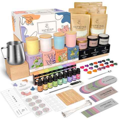 PRICES MAY VARY. THE PERFECT STARTER SET: Our all-inclusive candle making kit is ideal for beginners. Packaged in an exquisite gift box, it contains an abundance of extras, including packs of soy wax, colorful candle jars and tin cans, 9 fragrance oils, 10 dye blocks, beautifully designed gift boxes, and candle labels, wicks, glue dots, a melting pot, a stirring spoon, and a host of other candle making supplies. (kit para hacer velas aromáticas) AN IDEAL FAMILY ACTIVITY: Engage in a wonderful DI Sented Candles, Colorful Candle, Bath Salt Gift Set, Bath Salts Gift, Diy Candle Making Kit, Diy Scent, Candle Kits, Diy Candles Scented, Soy Candle Making