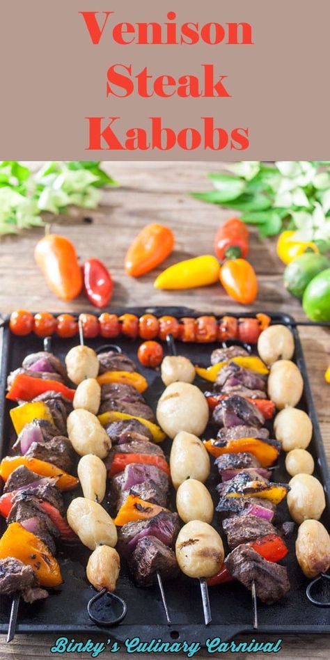 Venison Kabobs, Potato Kabobs, Cooking Venison Steaks, Shishkabobs Recipe, Steak Kebabs, Seared Salmon Recipes, Deer Recipes, Venison Steak, Grilling Kabobs