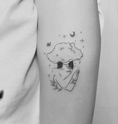 Heads In The Clouds Tattoo, Cloud With Face Tattoo, Rainstorm Tattoo, Daydreamer Tattoo, Surreal Art Tattoo, Daydreaming Tattoo, Daydream Tattoo, Tattoo Of Hands, Head In The Clouds Tattoo