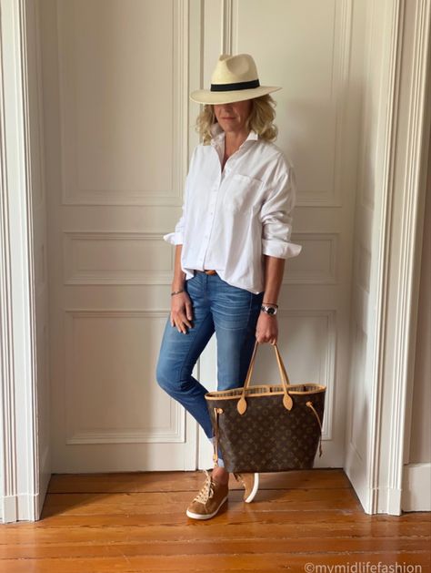 How to style camel trainers with a boyfriend shirt & jeans combo . . . #ootd #wiw #lotd #over40 #over40fashion #fashion #midlifestyle #over40style #midlife #whattowear #howtostyle #style #stylingtips #springstyle #looksforspring #springfashion #whattowearinspring #springlooks #springstylingtips #ideasonwhattowearinspring California Street Style, Louis Vuitton Jeans, Style Over 50, Louis Vuitton Trainers, Midlife Fashion, California Street, New Trainers, Style Muse, Navy And Khaki