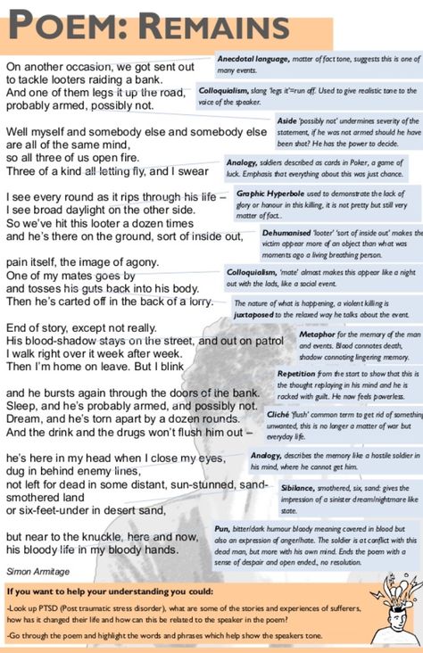 Remains Simon Armitage Analysis, Remains Poem Analysis Gcse, Poetry Anthology Project Ideas, Remains Poem Analysis, Remains Simon Armitage, Gcse Poetry Anthology, Revision English, Gcse Study, Poetry Revision