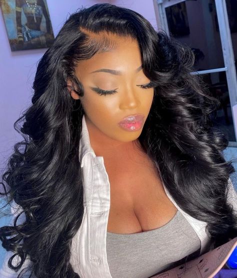 Long Shiny Black Curly Sew In Frontal Wig Body Wave, Sew In Hairstyles, Brazilian Hair Bundles, Virgin Hair Wigs, Brazilian Hair Weave, Human Virgin Hair, Body Wave Wig, Rose Hair, Body Wave Hair