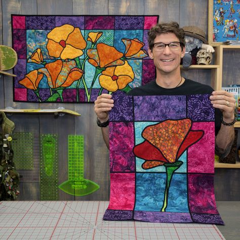 Traditional Stained Glass Appliqué Stained Glass Applique Quilt Patterns, Stained Glass Quilt Block Patterns Free, Stained Glass Fabric Patterns, Stained Glass Quilts Ideas, Stained Glass Quilt Patterns Free, Stained Glass Quilts, Stained Glass Quilt Pattern, Stained Glass Quilt Patterns, Glass Applique