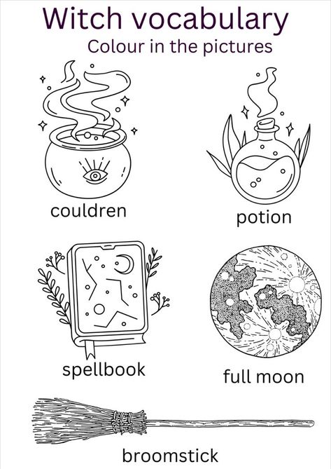 A free, printable witch-themed colouring page for Halloween. A fun activity for more advanced young ESL/EFL students. Story Activities, Colouring Page, Printable Activities For Kids, Phonics Worksheets, Grammar Worksheets, Printable Activities, English Vocabulary, Colouring Pages, Coloring Sheets