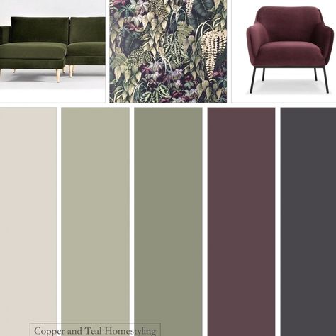 Aubergine Interior Design, Aubergine Color Palette Bedroom, Aubergine Room Ideas, Aubergine Walls Living Room, Aubergine Colour Scheme, Aubergine And Green Interiors, Green Home Colour Palette, Green And Aubergine Living Room, Aubergine Living Room Decor