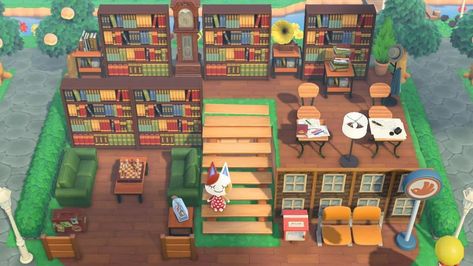 Outdoor Library Animal Crossing, Animal Crossing Library Outdoor, Acnh Outdoor Library Ideas, Acnh Library Ideas Outdoor, Acnh Outdoor Library, Acnh Library Ideas, Animal Crossing Library, Creature Street, Fairycore Acnh