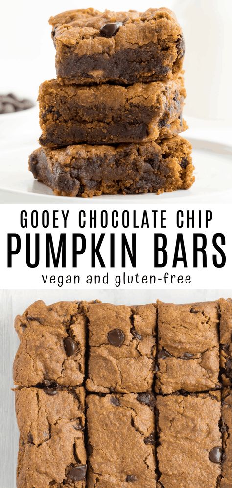 These gooey chocolate chip pumpkin bars are vegan, gluten-free, and an easy fall dessert recipe! Enjoy the sweet taste of pumpkin, chocolate, and warming spices altogether in one delicious bar. #pumpkinbars #healthy #easy #vegan #fallrecipes #glutenfree #pumpkin #falldessert Chocolate Chip Pumpkin Bars, Healthy Vegan Dessert, Fall Dessert Recipes Easy, Mug Cakes, Fall Desserts Easy, Pumpkin Bars, Fall Dessert Recipes, Fall Dessert, Gluten Free Pumpkin