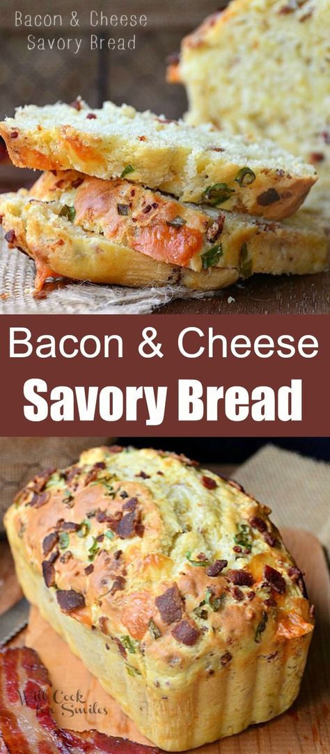 Bacon & Cheese Savory Bread! It’s a soft, moist and delicious bread made with crispy bacon and sharp white cheddar cheese! #bacon #cheese #bread #fathersday #recipe Bacon Cheese Bread, Bacon Bread Recipe, Cheddar Recipes, Savory Bread Recipe, Will Cook For Smiles, Cheese Bread Recipe, Onion Bread, Bread Maker Recipes, Bacon Egg And Cheese