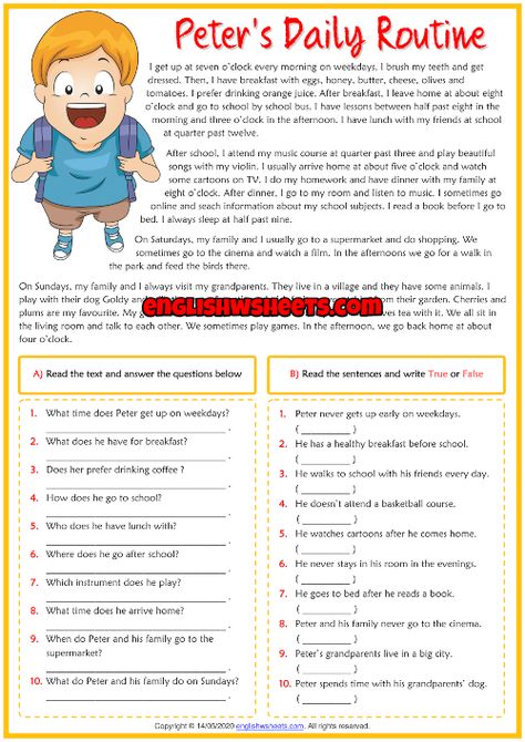 A fun esl printable reading comprehension exercises worksheet for teaching, learning and practising Present Simple Tense and Daily routines. Read the text Peter's Daily Routine and answer the questions. Then read the sentences and write true or false. Reading Comprehension Grade 1, Daily Routine Worksheet, Improve English Writing, Present Simple Tense, Esl Reading Comprehension, Esl Reading, English Stories For Kids, Simple Present Tense, Comprehension Exercises