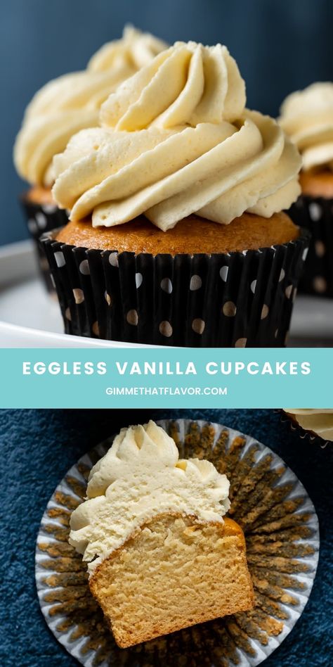 These moist and fluffy eggless vanilla cupcakes are the easiest to make! Topped with a velvety vanilla buttercream, this recipe will be your new favorite. | gimmethatflavor.com Eggless Cupcakes, Eggless Cupcakes Recipes, Eggless Vanilla Cupcakes, Cupcake Flavors, Delicious Cake Recipes, Crazy Cakes, Vanilla Cupcakes, Vanilla Buttercream, Chocolate Cupcakes