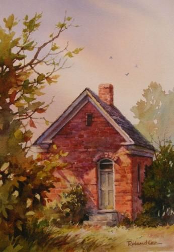 Roland Lee Brick House Painting, Pioneer House, Midway Utah, House Portrait Painting, Watercolor Barns, Watercolor Architecture, Historical Painting, Cottage Art, Watercolor Landscape Paintings