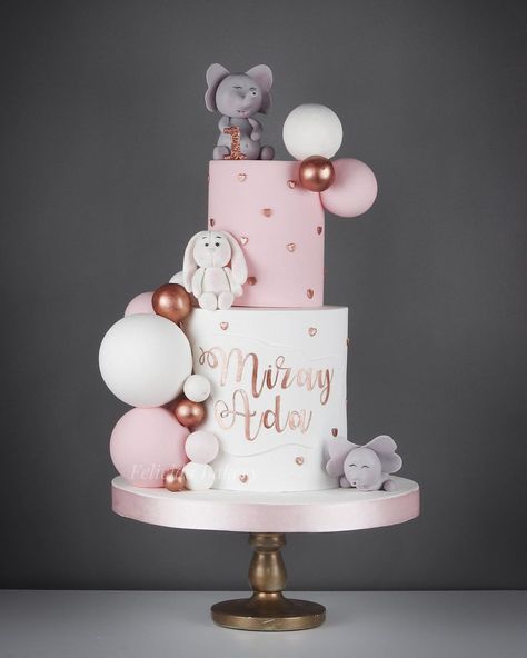 Felicida Bakery on Instagram: “Miray Ada . . .…” Cake For 1 Year Girl, Birthday Cake For 1 Year, Elephant Birthday Cake, Ballet Birthday Cakes, 2 Tier Birthday Cake, Elephant Birthday Cakes, Baby Shower Gender Reveal Cake, Tier Birthday Cake, Jungle Cakes