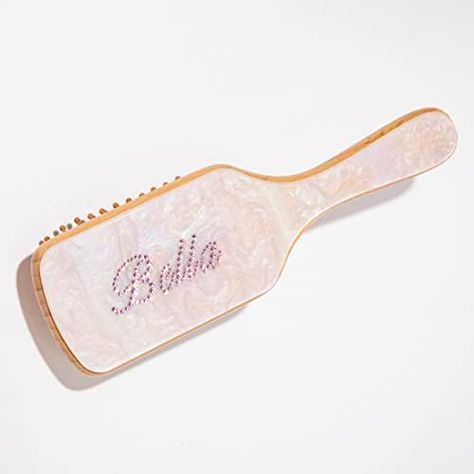 Rectangular, in the color white shell, with the name Melissa customized in light pink stones Aesthetic Hairbrush, Cute Hairbrush, Pink Hair Care, Pink Hairbrush, Men Hair Styling, Bamboo Hairbrush, Bella Core, Wish List Items, Wooden Hair Brush