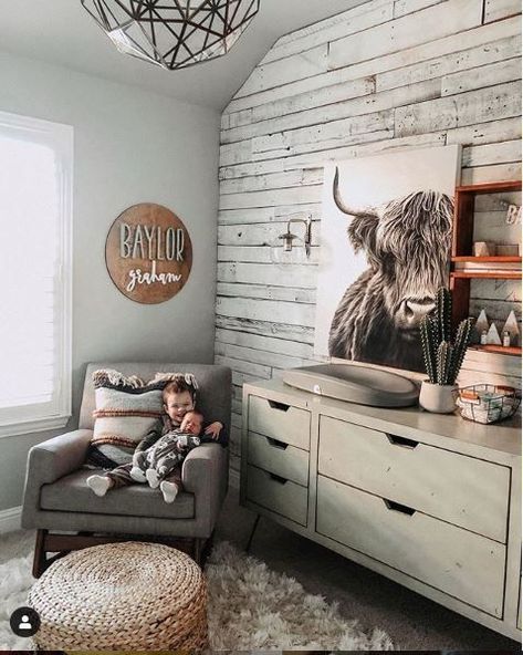 Rustic nursery with shiplap walls and highland cow canvas print in grey #nurserydecor #nurseryideas #nursery #babynursery Rustic Nursery Room Ideas, Pinterest Baby, Cow Nursery, Baby Nursery Inspiration, Baby Boy Room Nursery, Baby Stage, Nursery Room Boy, Rustic Nursery, Nursery Room Inspiration