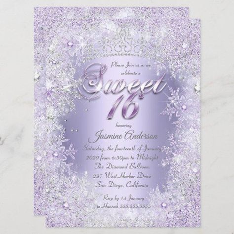 Lilac Birthday Party Ideas, Sweet 16 Purple, Birthday Party Purple, Purple Sweet 16, Sweet 16 Tiara, Lila Party, Winter Wonderland Invitations, Winter Birthday Invitations, Winter Wonderland Birthday Party