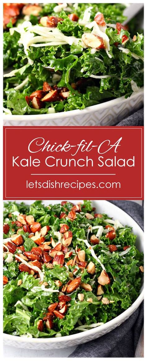 Copycat Chick-fil-A Kale Crunch Salad Recipe -- Just like the popular Chick-fil-A side, this healthy salad features kale, cabbage and extra crunch from salty toasted almonds. Ruth Chris Salad Recipe, Side Kale Salad, Veggie Salads Healthy, Good Kale Recipes, Copycat Kale Crunch Salad Chickfila, Copycat Kale Crunch Salad, Salad Recipes With Kale, Massaged Kale Salad Recipes, Chic-fil-a Kale Salad