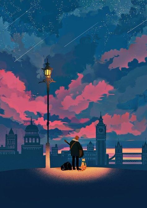 Arte Jazz, A Sky, Art And Illustration, Landscape Wallpaper, Street Light, Illustration Vector, Scenery Wallpaper, Aesthetic Backgrounds, Anime Scenery