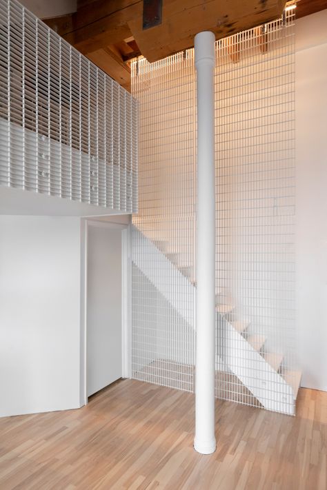 Attic Stair, Montreal Apartment, Loft Railing, Japandi House, Storage Closets, White Stairs, Stair Lift, Staircase Handrail, Metal Stairs