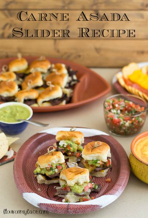 The best way to chow down onGame Day is with this Carne Asada Slider recipe via flouronmyface.com #ad #KHGameTime Mexican Sliders, May Meal Plan, Beef Sausage Recipes, Slider Recipe, Crock Pot Vegetables, Sliders Recipes, Sweet Dinner Rolls, Chicken Bacon Pasta, Tailgating Recipes