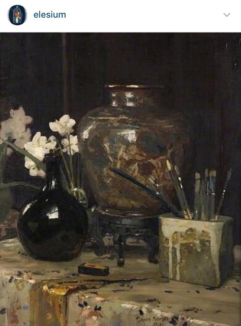 Urn, flowers in case, artist brushes still life painting by James Paterson...Scottish painter 1854-1932 Joseph Decamp, Dutch Still Life, Edouard Vuillard, Still Life Flowers, Scottish Art, Paintings I Love, Art Uk, Painting Still Life, Still Life Art