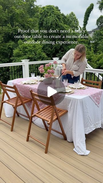 Tableshoppe Co. | Table Decor Bundles and Curated Home Decor on Instagram: "Can I hear it one more time for the folding table 👏🏻

How to get the look—

- folding table from @homedepot , teak folding chairs are @amazon 
- layered linens! I used a white linen flat sheet as the base layer and layered our Rosie Block Print tablecloth folded in half on top. (Available at tableshoppeco.com)
- Woven chargers for texture and warmth (available online at tableshoppeco.com)
- ruffle melamine dinner plates 
- Vintage style glassware 
- Napkins styled in a knot 
- faux florals, hurricane vases and pillar candles for the centerpiece

HOW TO SHOP— Comment “SHOP” and I’ll send you all the links for this outdoor dining setup! Follow @tableshoppeco to make sure the links make it in your inbox 🔗🔗🔗

FOLL Folding Table Tablecloth Ideas, Backyard Table, Woven Charger, Grand Millennial Decor, Plates Vintage, Melamine Dinner Plates, Linen Layers, Outdoor Table Settings, Backyard Inspiration