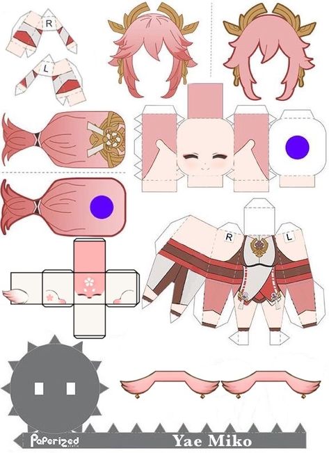 Yae Miko Paper Craft, Genshin Paper Doll, Genshin Origami, Paper Figures Anime, Paper Figure Template, Anime Papercraft, Paper Figures, Anime Paper, Paper Dolls Diy