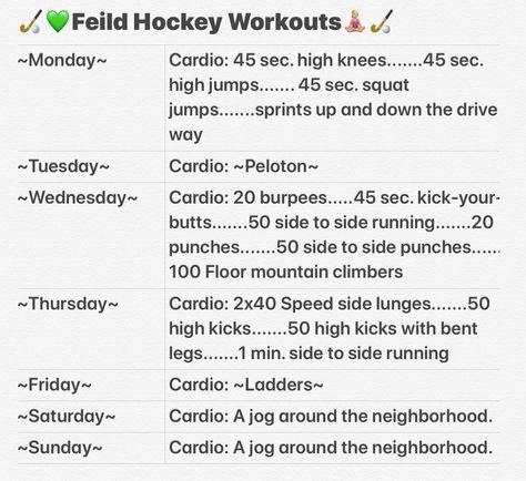 How to stay fit, and ways to train your body each day to train for field hockey games and practices! 🤩💚🏑🧘🏼‍♀️💪🏻✌🏻 Field Hockey Workouts At Home, Field Hockey Workouts Fitness, Hockey Practice Outfit, Field Hockey Workouts Training, How To Play Hockey, Field Hockey Drills Training, Field Hockey Bag Essentials, How To Get Better At Field Hockey, Hockey Workouts Home