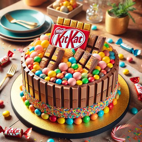 Kit Kat Birthday Cake Images Candy Decorated Cake, Birthday Cake Smarties, Colorful Candy Cake, Kitkat Birthday Cake, Kitkat Cake Ideas, Birthday Cake With Candy On Top, Kit Kat Birthday Cake Ideas, Kit Kat M&m Cake, Birthday Cake With Candy Inside