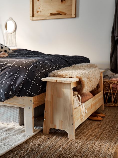 Ikea Yttervåg Bed, Yttervåg Bed, Ikea Perjohan, Bedroom Storage Hacks, Footstool With Storage, Storage Hacks Bedroom, Smart Bedroom, Big Cushions, Bed Classic