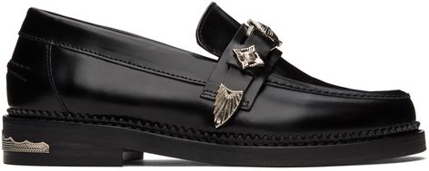 Polished leather loafers in black. · Round moc toe · Strap at vamp with graphic hardware · Hardware at heel · Suede and leather lining in brown · Stacked leather sole with rubber injection · Silver-tone hardware Supplier color: Black Toga Pulla, Dr Shoes, Loafer Shoes Women, Black Leather Loafers, Black Polish, Leather Loafers, Loafers For Women, Luxury Streetwear, Loafers Men