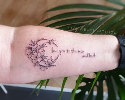 I Love You To The Moon And Back Tattoo, The Moon And Back Tattoo, Moon And Back Tattoo, To The Moon And Back Tattoo, Tattoos Forearm, Tattoos 2024, Half Sleeve Tattoos Forearm, Script Cursive, Magic Tattoo