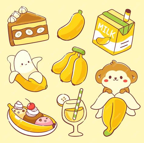 Premium Vector | Kawaii bananas fruit food and snack with cute monkey Food Animals Drawing, Kawaii Monkey, Banana Illustration, Kawaii Banana, Monkey Drawing, Cute Banana, Banana Fruit, Fruit Food, Cute Food Art