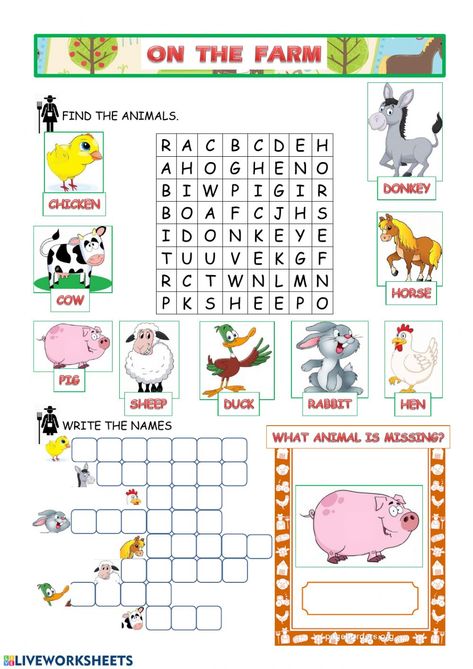 Farm animals Ficha interactiva Worksheet Animals For Kids, Farm Animals Worksheets For Kids, Farm Animal Worksheet, Animal Worksheets For Kids, Farm Animals Worksheet, Farm Worksheets, Farm Worksheet, Farms Animals, Farm Animals For Kids