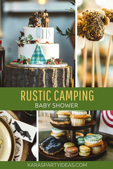 Rustic Camping Baby Shower via Kara's Party Ideas - KarasPartyIdeas.com Outdoorsy Baby Shower, Baby Shower Ideas Themes, Camping Baby Shower Theme, Themed Baby Shower Ideas, Boy Shower Themes, Rustic Camping, Camping Baby, Camping Theme Party, Adventure Baby Shower