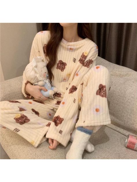 1set Thickened Coral Fleece White Bear Print Home Wear For Autumn And WinterI discovered amazing products on SHEIN.com, come check them out! Women Pyjamas, Fleece Patterns, Cute Pajama Sets, Oversized Blanket, Flannel Pajama Sets, Winter Collars, Winter Pajamas, Women's Pajamas, Cute Pajamas