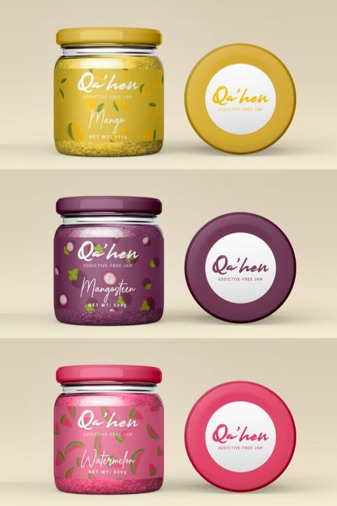 Qa' hen three different fruits jam jars: Mango, Mangosteen, and Watermelon Jars Design, Jam Packaging, Jam Label, Peanut Butter Jar, Jar Packaging, Jam Jars, Jar Design, Food Graphic Design, Fruit Jam