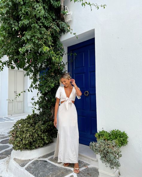 What To Wear In Mykonos, Greece: 9 Outfit Ideas To Wear in October | Styled by McKenz Greece In October, What To Wear In Greece, Greece October, Low Rise Skirt, Cute Coverups, October Fashion, Blue Two Piece, Sparkly Top, Outfits To Wear