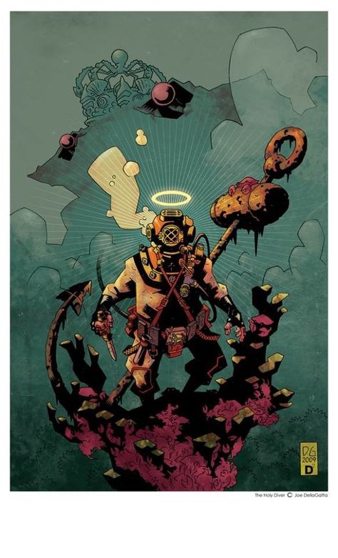 Holy Diver comic by Joe DellaGatta. Deep Sea Diver Art, Mike Mignola Art, Holy Diver, Diver Art, Bioshock Art, Graffiti Pictures, Deep Sea Diver, Underwater City, Underwater Art