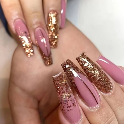 24pcs Pink Long Coffin Fake Nails With Golden Glitter Design Long Natural Nails Designs, Falling Glitter Nail Art, Fall Gold Nails, Pink Nails With Gold Glitter, Pedi Inspiration, Golden Nail Art, Glitter Nail Designs, Gorgeous Images, Long Natural Nails