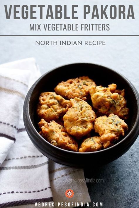 Pakoras are a favorite in my home and I am often asked to make them for dinner. When I do make them I often make these vegetable pakoras. This recipe is traditionally deep fried but if you are watching your oil intake, an air fryer makes these perfect fritters too! Also, finely chop the vegetables, it adds a softness in the texture of the fritter. Check out how to make this recipe and other Indian foods today! #NorthIndianfood #snacks #vegetarian #vegan #healthy Veg Pakora Recipe, Marg Recipe, Break Fast Recipes, Street Food Indian, Healthy Indian Snacks, Vegetable Pakora, Snacks Vegetarian, Indian Cuisine Recipes, Vegetarian Indian Recipes