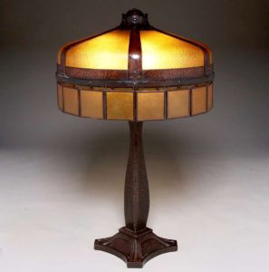 Gustav Stickley #755 Hammered Copper & Amber Glass Lamp c1905 | California Historical Design Amber Glass Lamp, Gustav Stickley, Craftsman Design, Dallas Museum Of Art, Brown Vase, Master List, Lighting Sconces, Historical Design, Arts And Crafts Movement