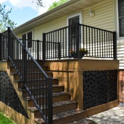 Lattice Deck, Luxury Outdoor Spaces, Deck Skirting, Florida Palm Trees, Black Lattice, Black Deck, Front Porch Design, Deck Builders, Beautiful Outdoor Spaces