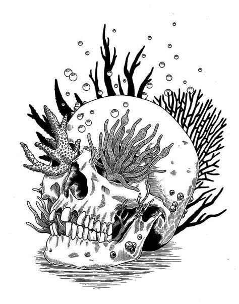 Coral Skull Tattoo, Sea Tattoo Sleeve, Ocean Life Tattoos, Ocean Theme Tattoos, Sea Life Tattoos, Underwater Tattoo, Ocean Sleeve Tattoos, Sea Tattoo, Skeleton Tattoos