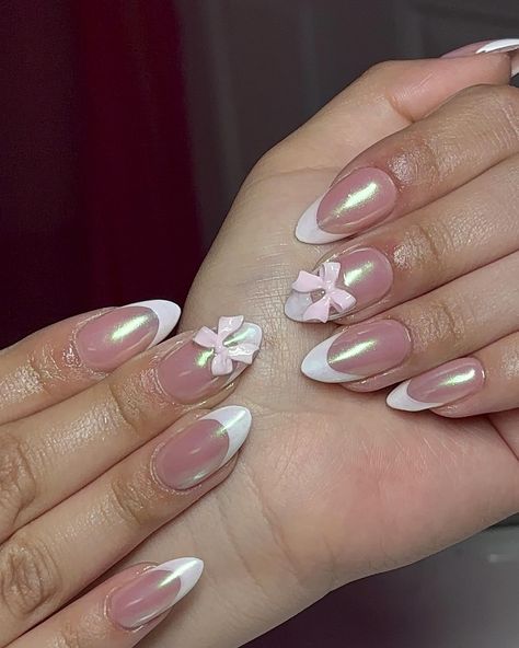 Almond Gel X French Tip, Almond French Tip Nails Jelly, Almond French Tip Chrome Nails, Almond Pink Chrome French Tip Nails, Long Almond Chrome French Tip Nails, Nail Extension Designs Coquette, Chrome Nails, Nail Tech, Nail Inspo