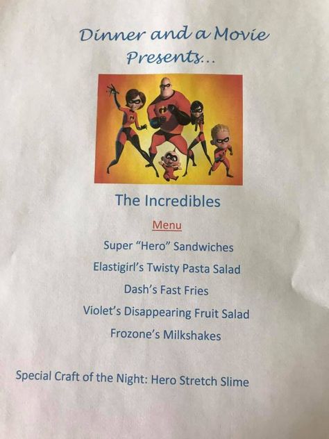 Menu The Incredibles Dinner And A Movie, Incredibles Dinner And A Movie, Incredibles Movie Night, The Pacifier Movie, Movie Meals, Disney Movie Night Menu, Disney Themed Movie Night, Themed Nights, Hero Sandwich