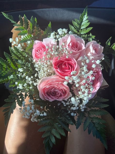 pink rose boquet with baby breath White And Pink Flowers Bouquets, Prom Flowers Pink Dress, Pink Roses And Baby Breath Bouquet, Pink Roses With Baby Breath, Pink Baby’s Breath, Light Pink Prom Bouquet, Flower Bouquet Baby Breath, Baby’s Breath Flowers, Rose And Baby Breath Bouquet